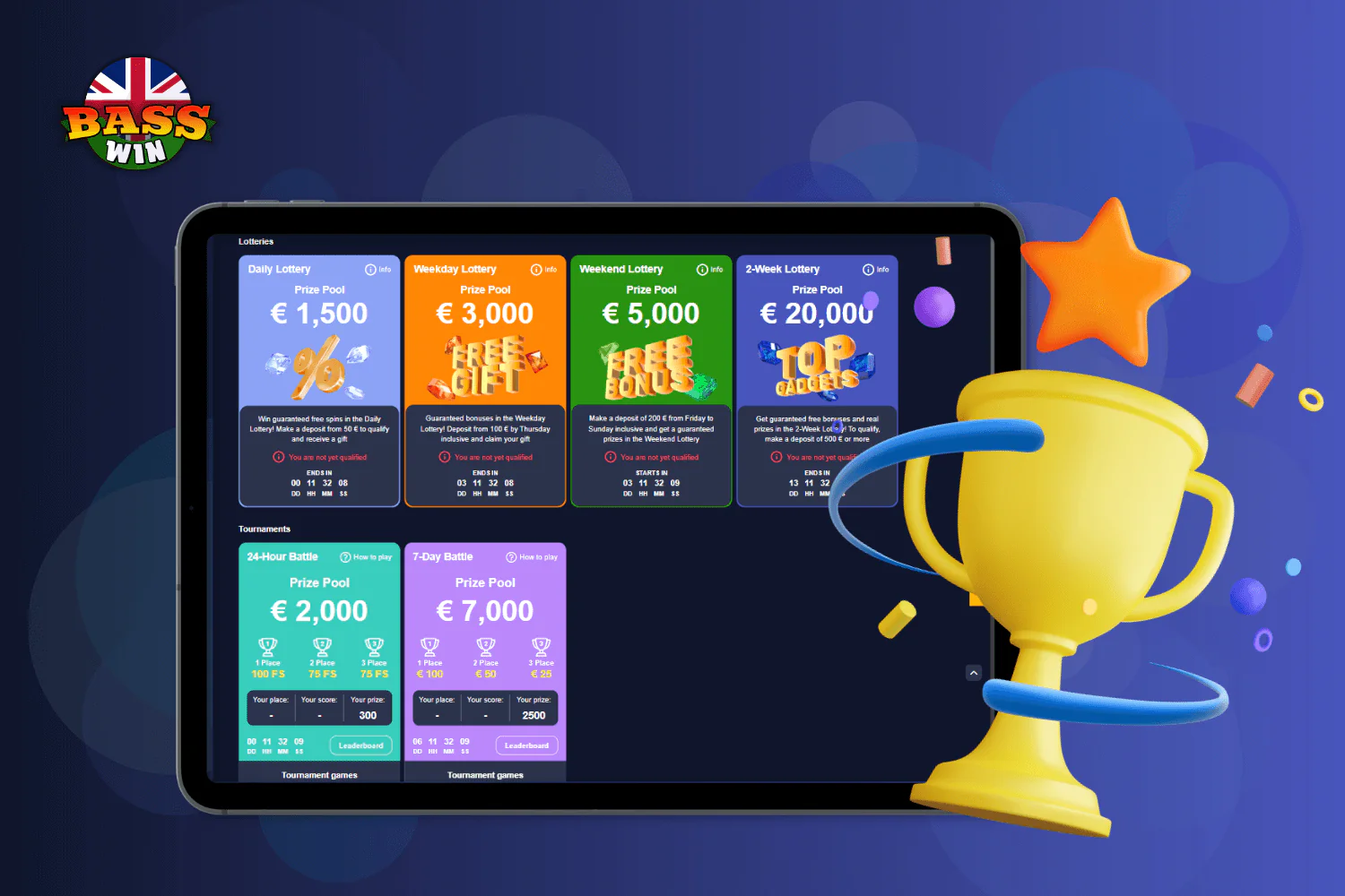 Basswin Casino interface showing lottery and tournament sections, potential sources of free spins offers.